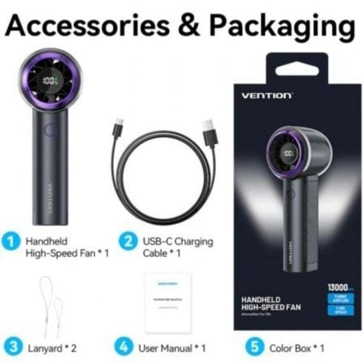 Ventilador de mano Vention PBAN0 Velocidad ajustable 3000mAh USB-C Beige/Púrpura
