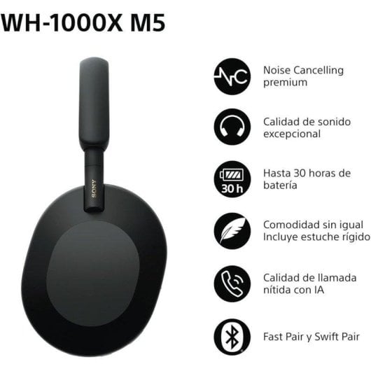 Auriculares Sony WH-1000XM5 inalámbricos Bluetooth con cancelación de ruido, multipunto, negro