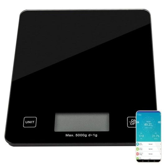 Bilancia da cucina digitale Kuken Bluetooth 5kg vetro nero funzioni smart e APP