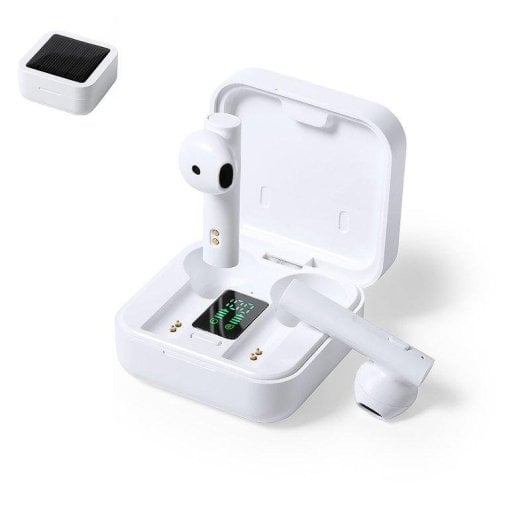 Auricolari Dam Electronics wireless Bluetooth 5.0 con ricarica solare, controllo touch e display LCD, bianchi