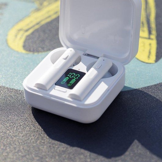 Auricolari Dam Electronics wireless Bluetooth 5.0 con ricarica solare, controllo touch e display LCD, bianchi