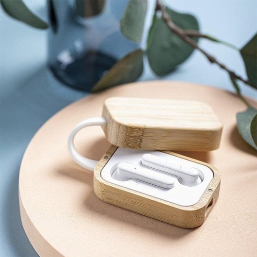 Auricolari Dam Electronics wireless Bluetooth 5.0 in Bambù con base di ricarica bianchi