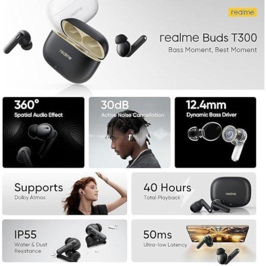 Auricolari Realme Buds T300 True Wireless Bluetooth con Cancellazione Rumore, Audio Spaziale 360°, IP55, Nero