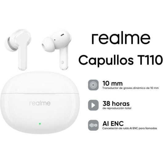 Auricolari Realme T110 wireless Bluetooth 5.4 con Cancellazione del Rumore, microfono, bianchi
