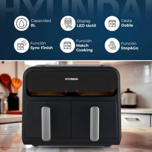 Freidora de aire Hyundai HAF8000DD 8L 2400W doble cesta display LED y programas automáticos