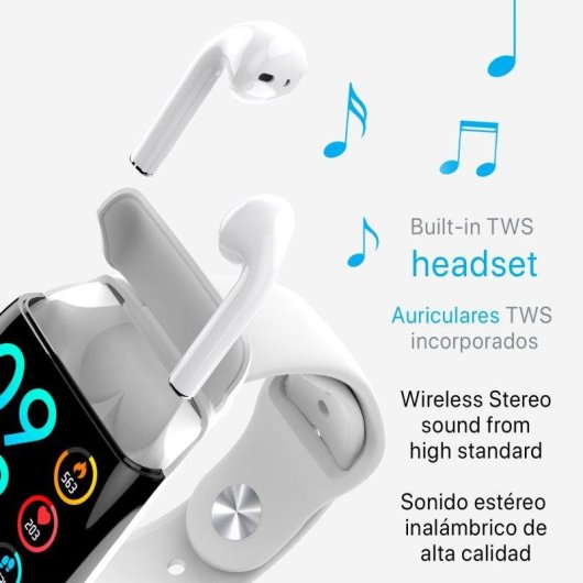 Pulsera de Actividad Dam Electronics G36 Bluetooth 5.0 Pantalla IPS Negra Autonomía 3.5 h Auriculares TWS Salud multideporte
