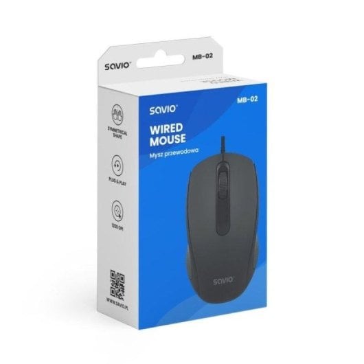 Savio MB-02 Souris Filaire USB-A 1200DPI Noir Câble 1,6m Plug and Play