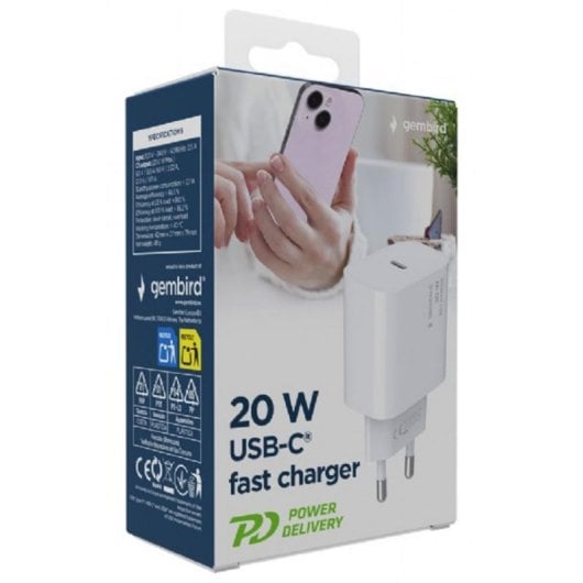 Caricatore Gembird TA-UC-PD20-01-W USB-C 20W PD Ricarica Rapida Bianco