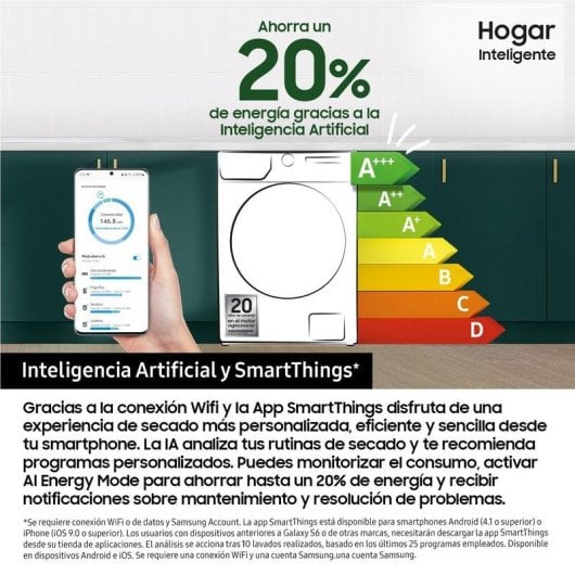 Secadora de bomba de calor Samsung DV90DG52A0AEEC 9 kg Clase C WiFi Hygiene Care
