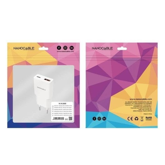 Chargeur Nanocable 25W USB-C Power Delivery USB-A Quick Charge Blanc Compact