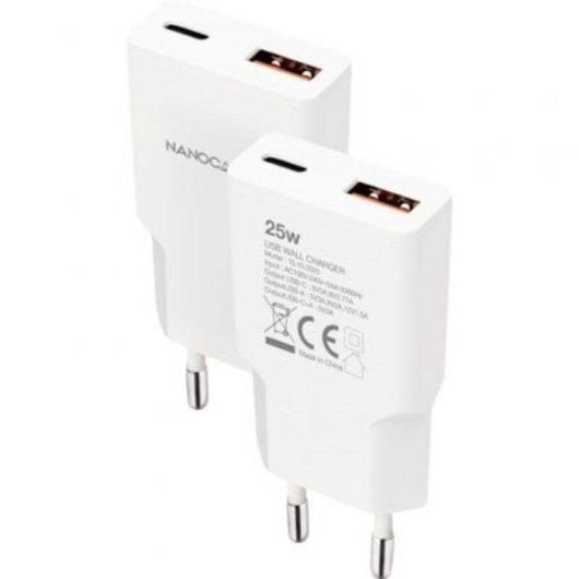 Chargeur Nanocable 25W USB-C Power Delivery USB-A Quick Charge Blanc Compact