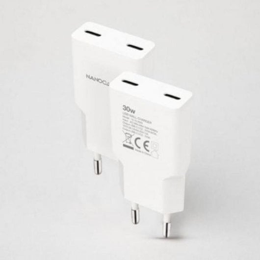 Carregador Nanocable 2xUSB-C/PD 30W Branco PPS carregamento rápido