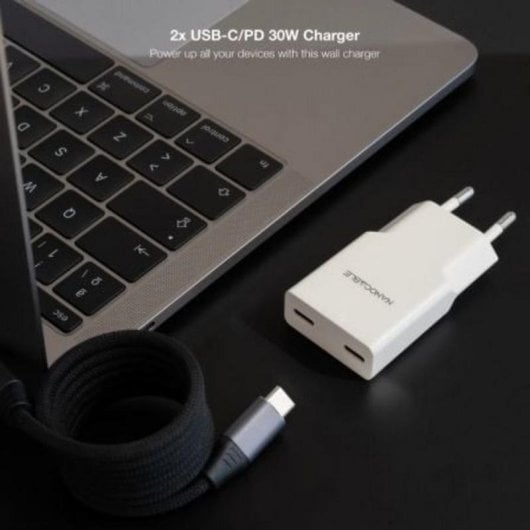 Carregador Nanocable 2xUSB-C/PD 30W Branco PPS carregamento rápido
