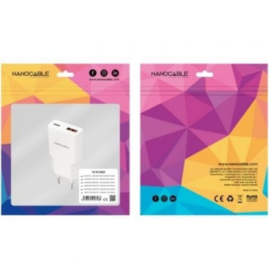 Cargador Nanocable USB-C PD 20W y USB-A QC 20W Blanco compacto carga rápida