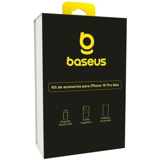 Kit Baseus iPhone 16 Pro Max Cargador 45W Funda Transparente Protector Cristal