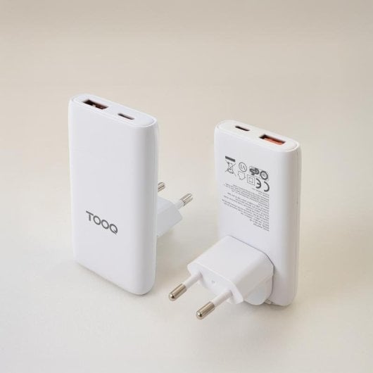 Carregador TooQ TQWC-GANSL65W1A1C GaN 65W USB-C PD USB-A QC Branco ultrafino
