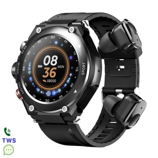 Dam Electronics T92 Bluetooth 1.28" IP67 Noir Intégré TWS Écouteurs SpO2 Cardio Suivi Sommeil