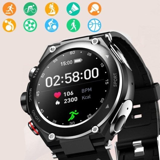 Dam Electronics T92 Bluetooth 1.28" IP67 Noir Intégré TWS Écouteurs SpO2 Cardio Suivi Sommeil