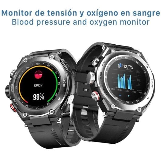 Dam Electronics T92 Bluetooth 1.28" IP67 Noir Intégré TWS Écouteurs SpO2 Cardio Suivi Sommeil