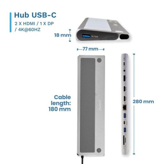 Base de conexión Ewent EW1150 USB-C HDMI DisplayPort 4K PD 100W Aluminio