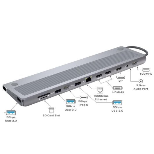 Base de conexión Ewent EW1150 USB-C HDMI DisplayPort 4K PD 100W Aluminio