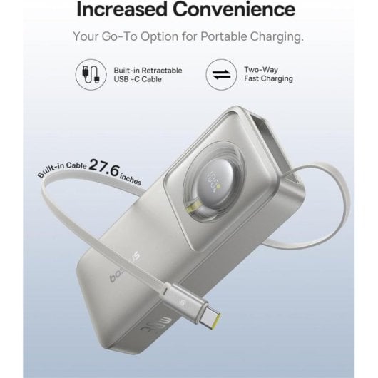 Power Bank Baseus Free2Pull 10000mAh 30W com Cabo Retrátil Cinzento