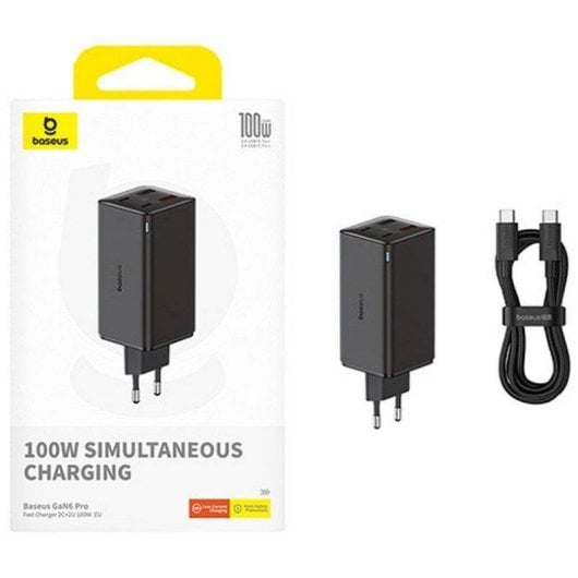 Chargeur Baseus GaN6 Pro 100W 2C+2U Noir avec câble Type-C 1m