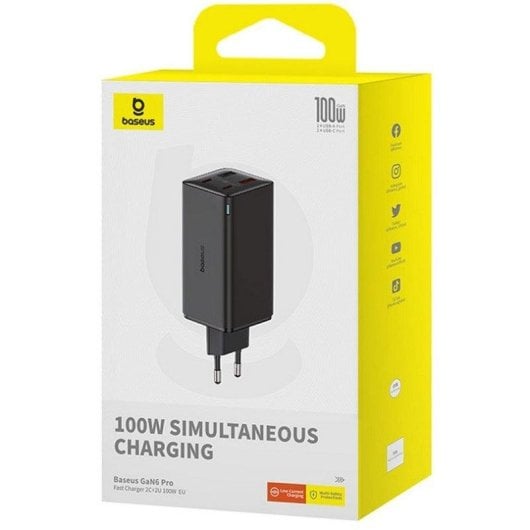 Chargeur Baseus GaN6 Pro 100W 2C+2U Noir avec câble Type-C 1m