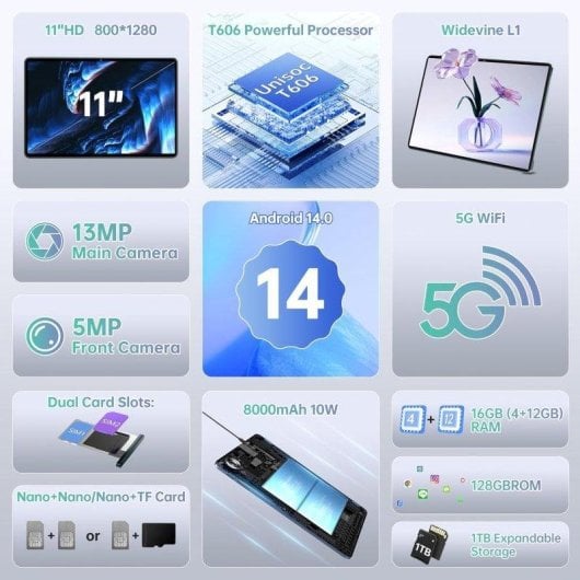 Tablet Oukitel OT11 11" 128GB 4G 8000mAh Android 14 Morado