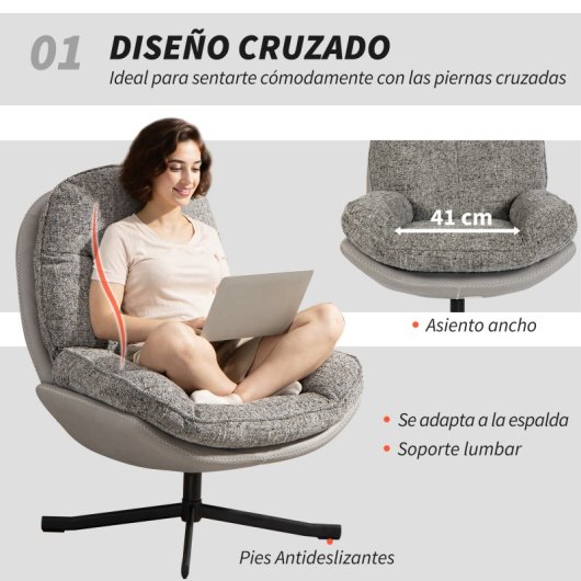 Homcom Butaca De Salón Moderna Tapizado En Chenilla Y Cuero Pu Base Cruz Gris