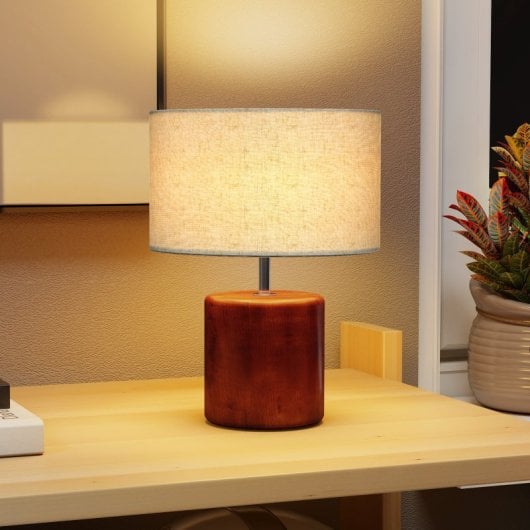 Homcom Lámpara De Mesa Rústica Con Base De Madera Pantalla De Lino Marrón