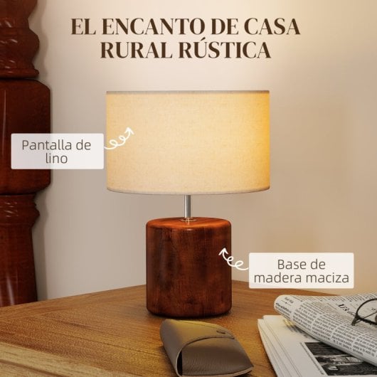 Homcom Lámpara De Mesa Rústica Con Base De Madera Pantalla De Lino Marrón