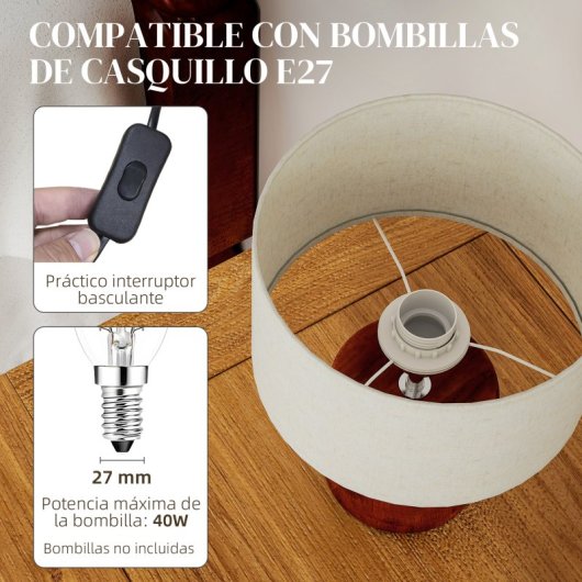 Homcom Lámpara De Mesa Rústica Con Base De Madera Pantalla De Lino Marrón