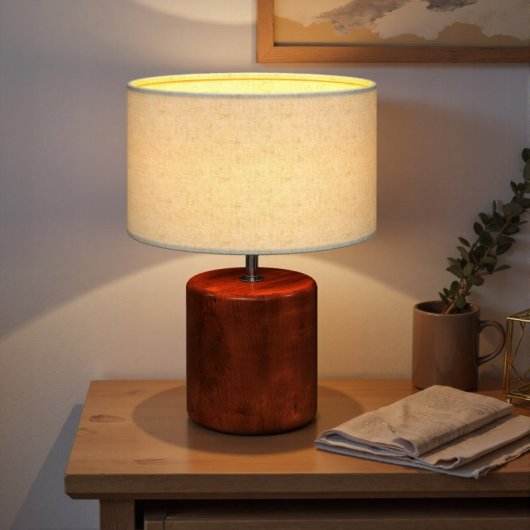 Homcom Lámpara De Mesa Rústica Con Base De Madera Pantalla De Lino Marrón