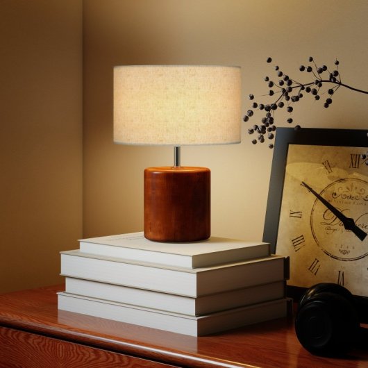 Homcom Lámpara De Mesa Rústica Con Base De Madera Pantalla De Lino Marrón