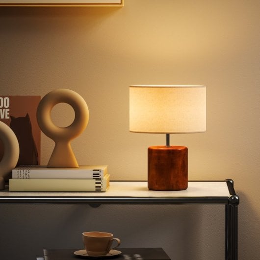 Homcom Lámpara De Mesa Rústica Con Base De Madera Pantalla De Lino Marrón