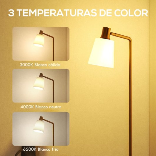 Homcom Lámpara De Pie Led Regulable 3 Temperaturas De Color Blanco Y Dorado