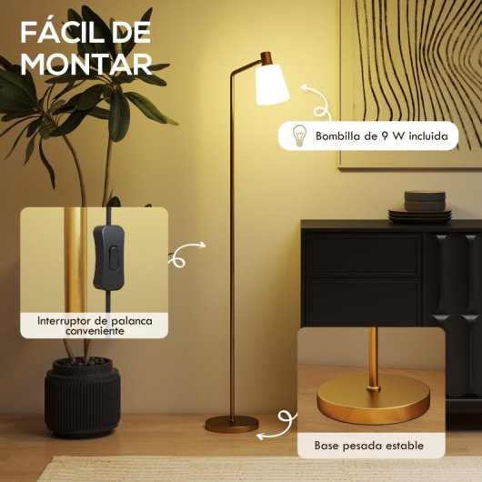 Homcom Lámpara De Pie Led Regulable 3 Temperaturas De Color Blanco Y Dorado