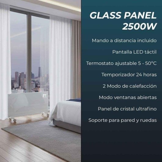 Radiador Eléctrico YOEVU Glass Panel 2500W grande con control táctil y temporizador