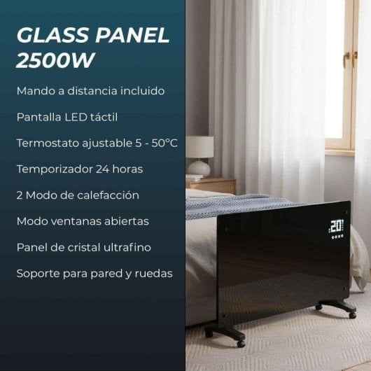 Radiador Eléctrico YOEVU Glass Panel 2500W grande con control táctil LED y mando a distancia