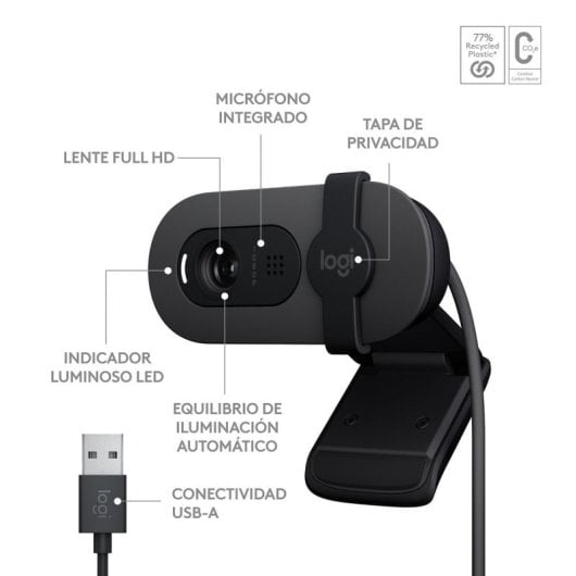 Logitech H390 Auriculares Estéreo con Micrófono con Supresión de Ruido USB-C + Brio 100 Webcam FullHD