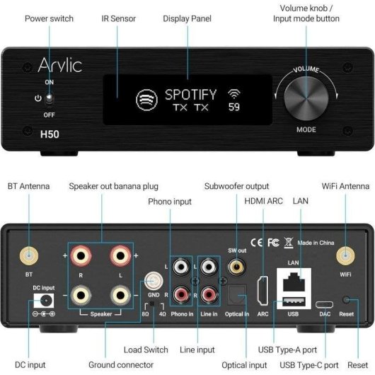 Amplificador Arylic H50 50W x2 WiFi Bluetooth RCA HDMI ARC Phono DAC ESS9023P