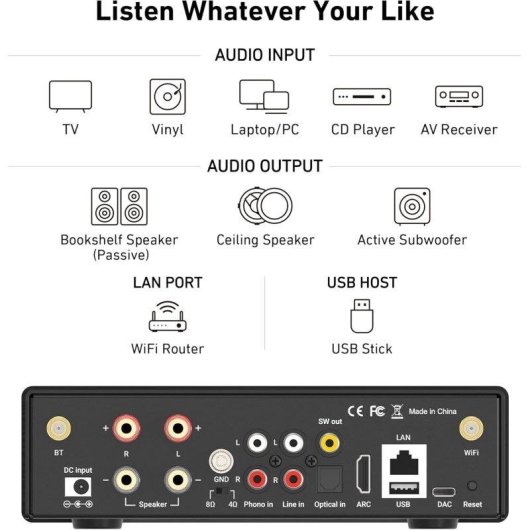 Amplificador Arylic H50 50W x2 WiFi Bluetooth RCA HDMI ARC Phono DAC ESS9023P