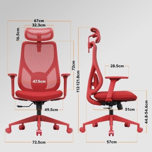 Silla de oficina ergonómica Sense7 Moyo ajustable roja con reposabrazos 3D y respaldo de malla