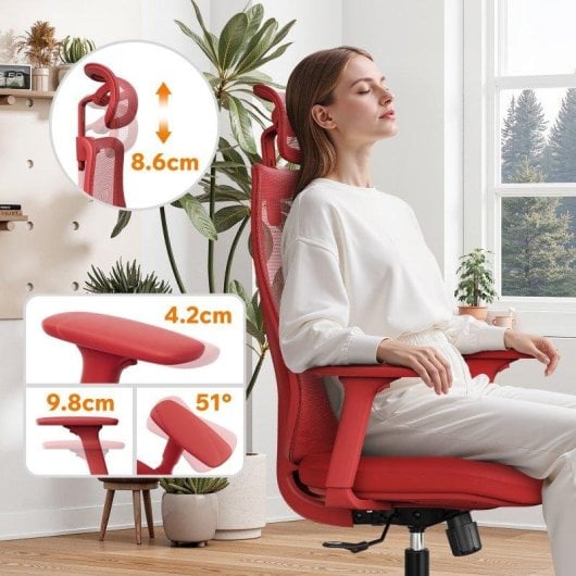 Silla de oficina ergonómica Sense7 Moyo ajustable roja con reposabrazos 3D y respaldo de malla