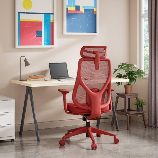 Silla de oficina ergonómica Sense7 Moyo ajustable roja con reposabrazos 3D y respaldo de malla