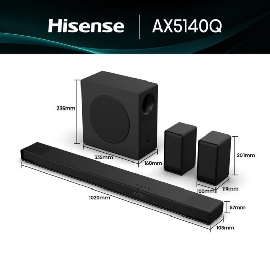 Barre de Sonido Hisense AX5140Q 5.1.4 600W Bluetooth HDMI eARC Dolby Atmos Noire