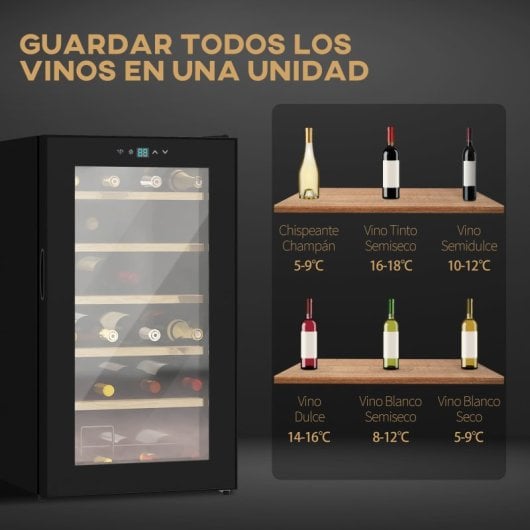 Homcom Nevera Vinos 24 Botellas 65l Con Luz Led Interior Pantalla Táctil Negro