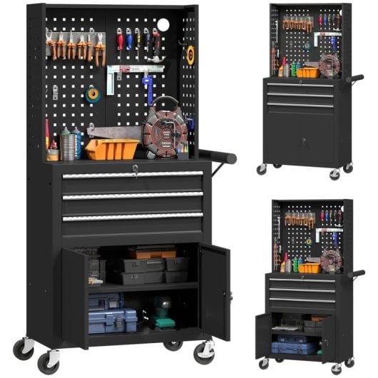 Carrinho de ferramentas Homcom com 3 gavetas e painel perfurado, preto