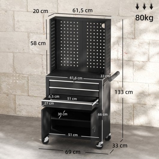 Carrinho de ferramentas Homcom com 3 gavetas e painel perfurado, preto